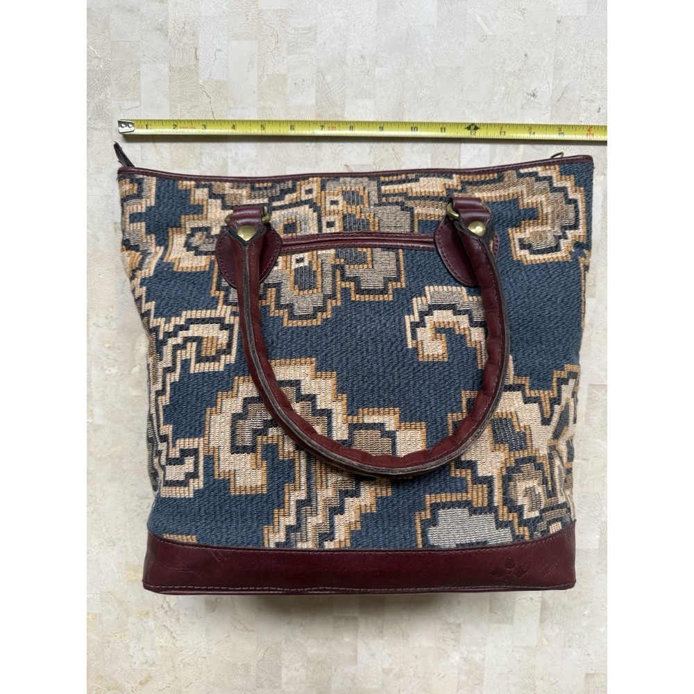 Patricia Nash Peruvian Tapestry Sungaro Tote Blue Tan Leather Brass Boho Tribal - Picture 3 of 16